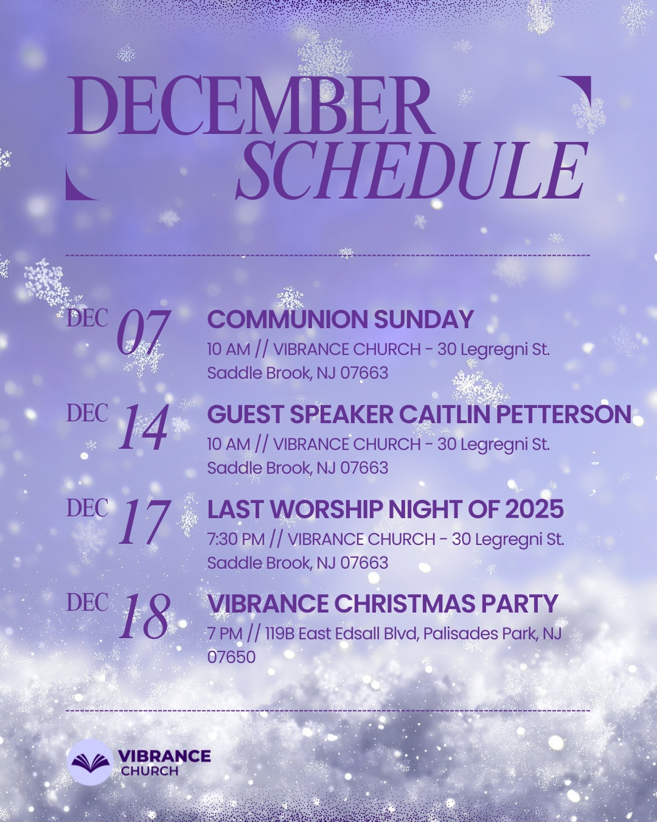December schedule of services